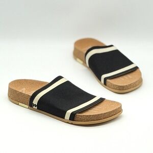 MESSAGE Slide Sandals Womens 41 Black Cream Stripe Flat Slip On Mule Shoe Casual